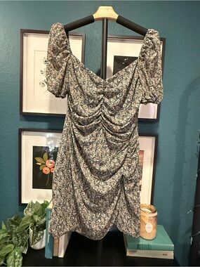 Astr Floral Ruched Mini Dress - Blue & Cream